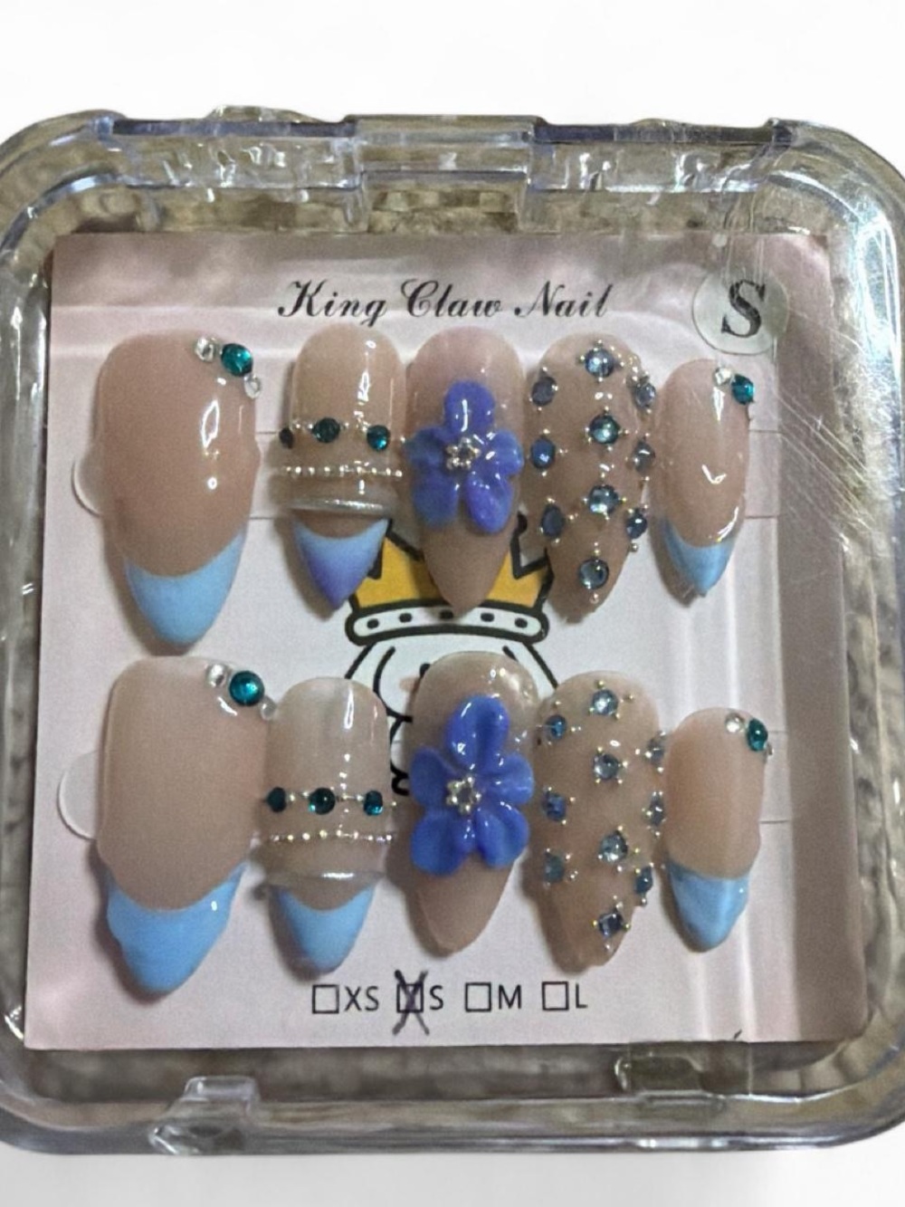 Beige & Blue Floral Rhinestone Press-On Nail Set by